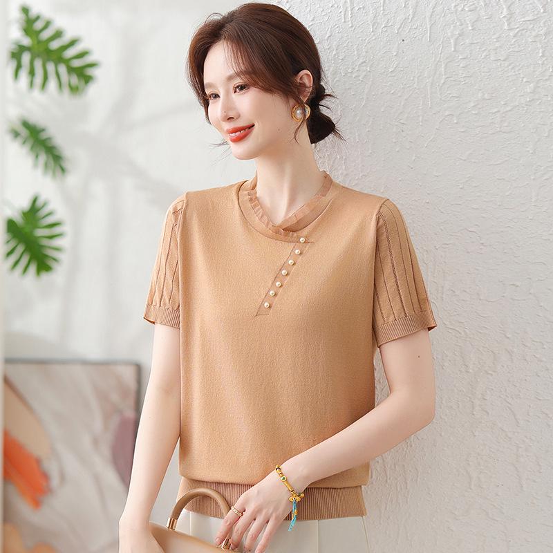 

Elegant Ice Silk Knit Top - Short Sleeve National Style T-Shirt for Moms and Seniors 4XL (135-150 jin)