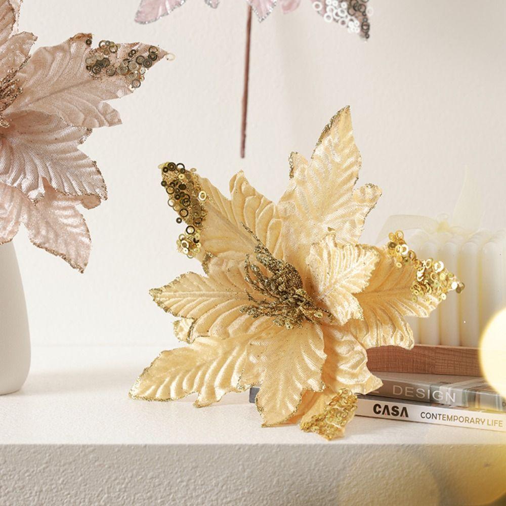 25cm Christmas Poinsettia Glitter Flower Sequins Large Simulated Flower Head Flocking DIY Wreath Artificial Christmas Flower