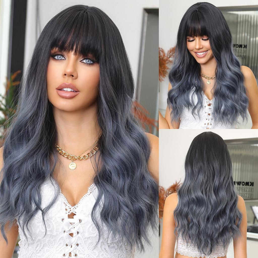 Qi Bangs Platinum Barbie Wind Big Wave Long Curly Hair Fluffy Facial Wig Full Headgear Wig