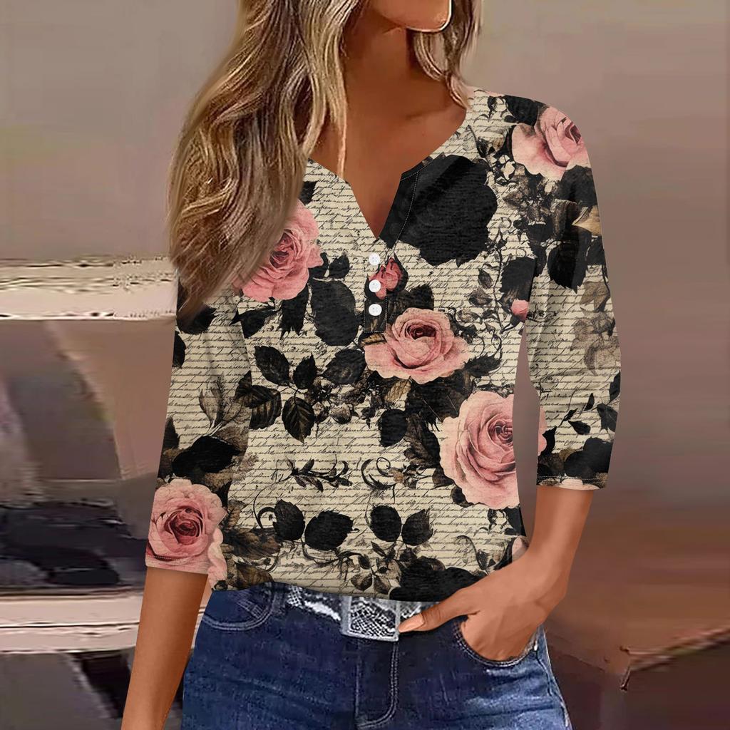 Damska koszulka z nadrukiem na guziki, rękaw 3/4, codzienna, weekendowa, modna, podstawowa, dekolt w serek, regularny top