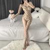 Sexy Lingerie Sexy Flirting Hot Leopard Print Open File Jumpsuit Bed Passion Net Suit Onesie Pajamas Women