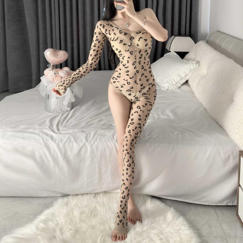 Sexy Lingerie Sexy Flirting Hot Leopard Print Open File Jumpsuit Bed Passion Net Suit Onesie Pajamas Women