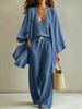 Women's Two-piece Outfit Set Three Quarter Sleeve Cardigan Top Elastic Waist Wide Leg Pants Linen Casual Lounge Set