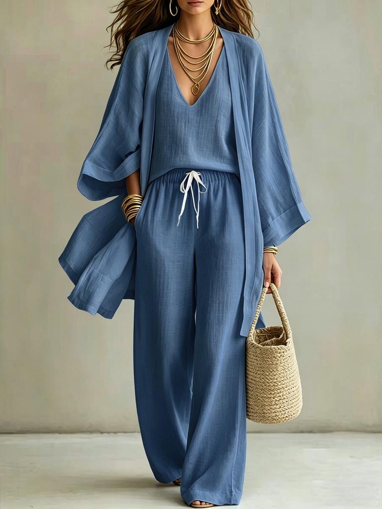 Women's Two-piece Outfit Set Three Quarter Sleeve Cardigan Top Elastic Waist Wide Leg Pants Linen Casual Lounge Set