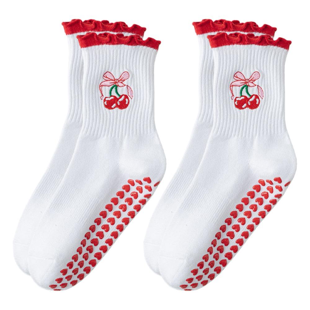 

2pairs Heart Silicone Sock Sole Pilates Socks Cherry Pattern Non-Slip Socks Fitness Training Style 3