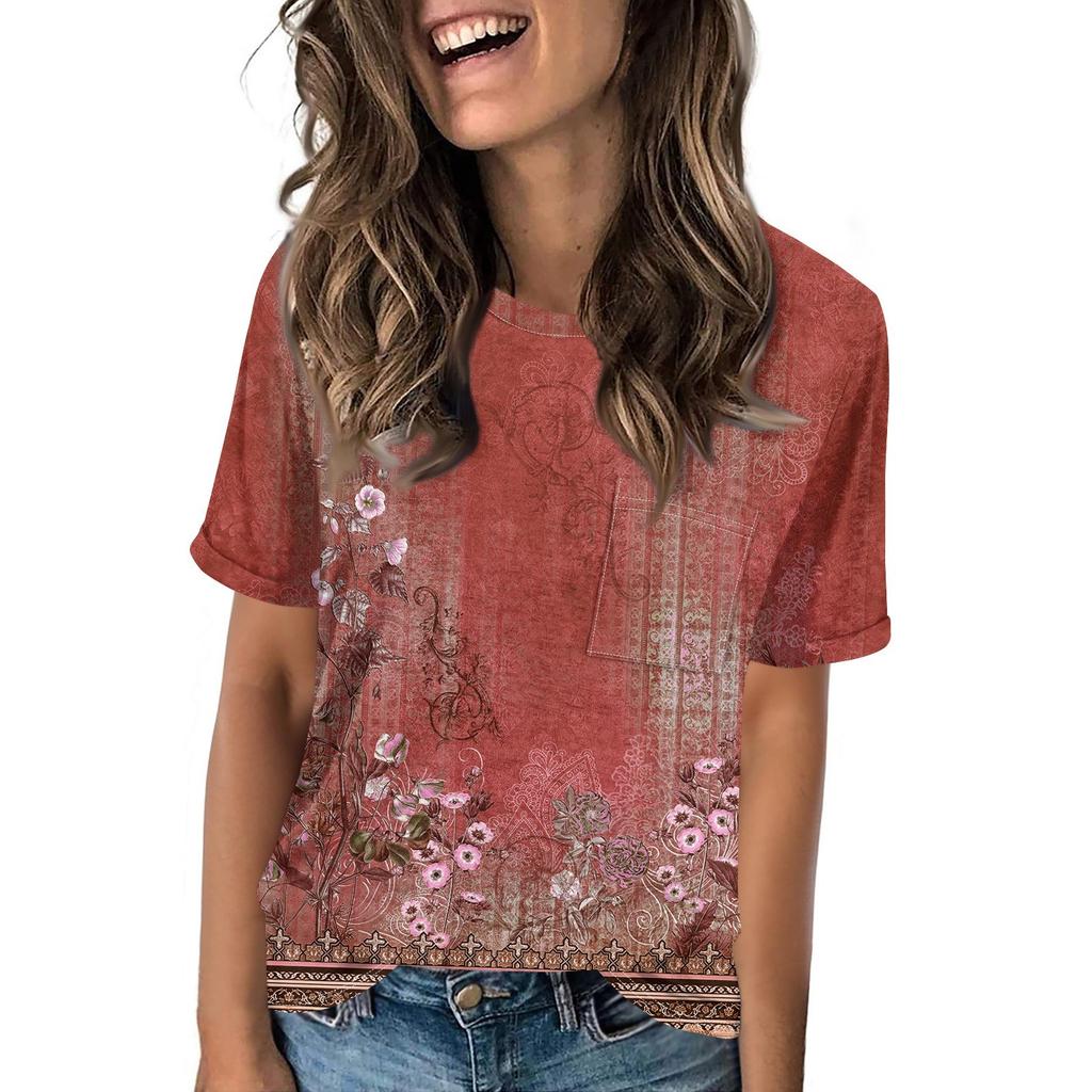 Women's Pocket Floral Print Summer Short Sleeved Round Neck Casual Loose T-shirt Top