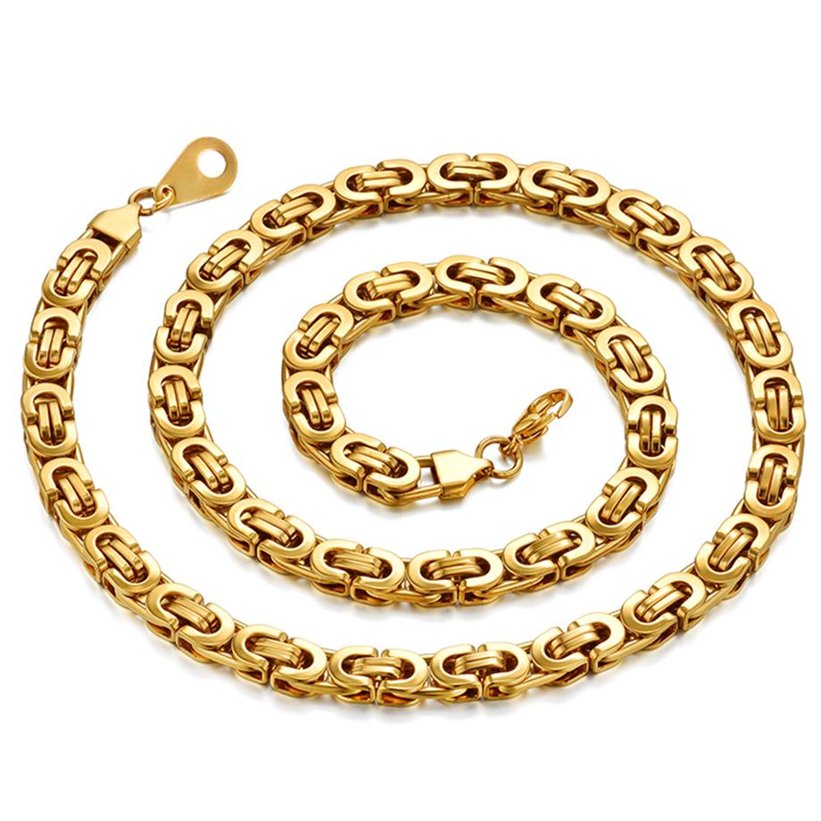 

Chunky Men Fashion Gold Color Necklace 6MM Stainless Steel Byzantine Chains Street Hip Hop Jewelry 6mm width 55cm