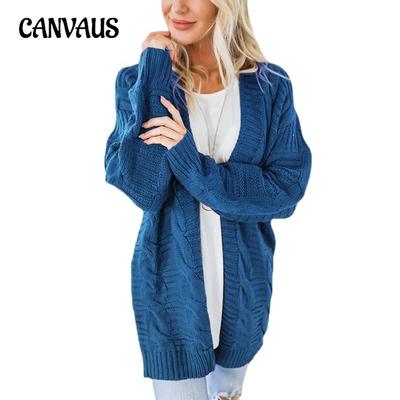 Cardigan da Donna Autunno Inverno Taglie Forti con Treccia Colore Unico Lunghezza Media Maglione Grossolano a Maglia