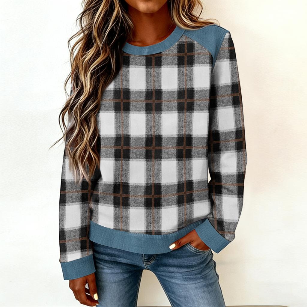 Damen Jeanskragen Patchwork Nähte Sweatshirt Lässig Pullover Langarmshirts