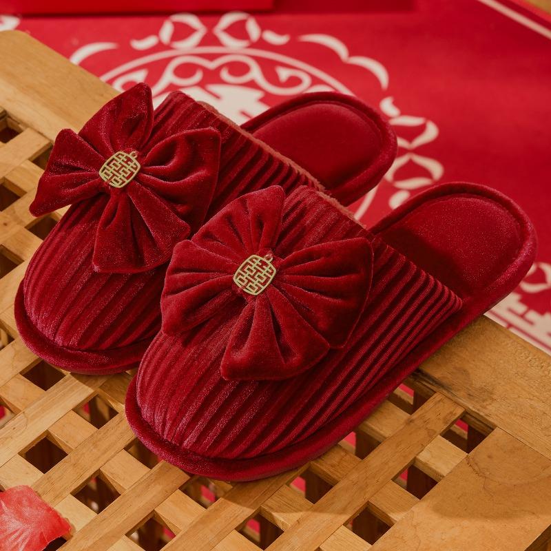 Wedding slippers newlywed couple style groom and bride dowry festive red pair of winter light luxury wedding shoes