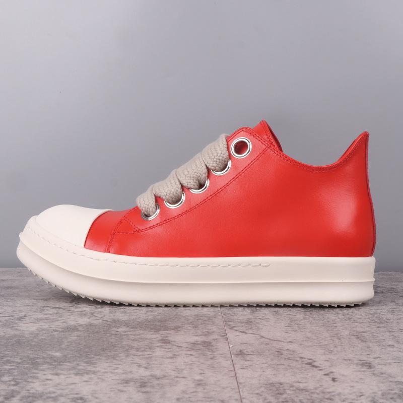 Men's Shoes Genuine Leather Jumbo Shoelace Women's Sneakers Fashion Black Solid Lace-up Men's Casual Shoes