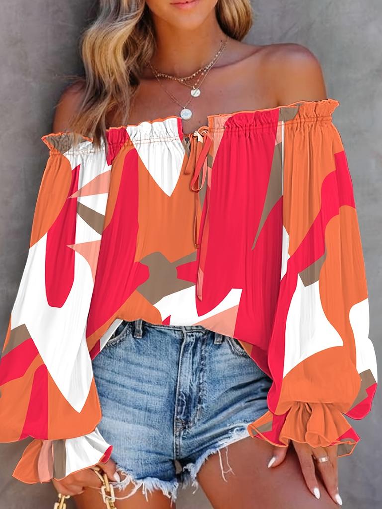 New 1116 European and American women's clothing spring and summer printed shirt off-the-shoulder lantern sleeve one-word collar shirt shirt women
