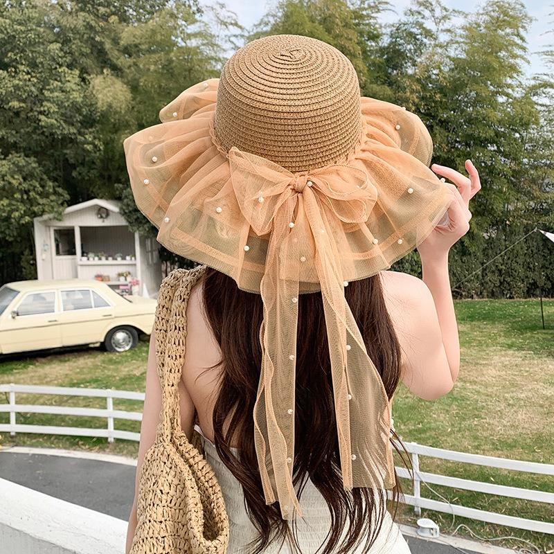 Summer Bow Sun Hat Female, Seaside Beach Vacation Sun Hat Outdoor Big Brim Sun Hat Sweet Straw Hat