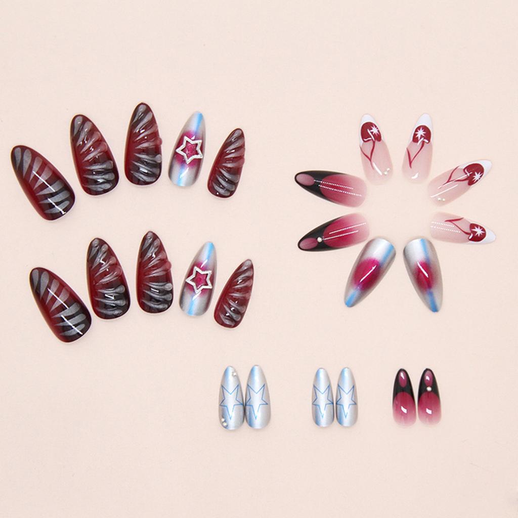 24PCS Blush Almond Fake Nails with Star Print Easy Effortless Application To Nails for Fingernail DIY Decoration