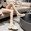 Neue 2025 Herbst Weiße Halbwadenstiefel Damenschuhe Mode Runde Zehe Plateau Stiefeletten Dicke Sohle Gummi Damen Einfarbig Slipper Botas