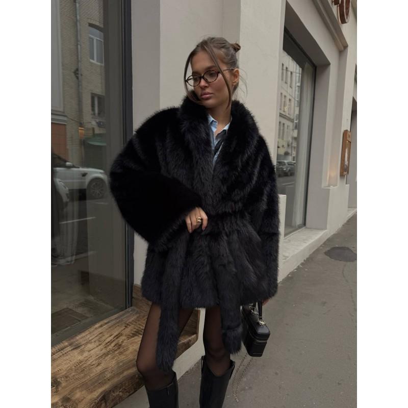 Womens Faux Fox Fur Coat With Belted Waist Retro Style Short Pufferless Jacket