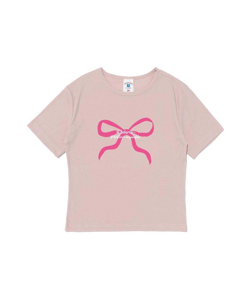 ROIDESROIS Ribbon Print Crop Short Sleeve T-Shirt (Pink)