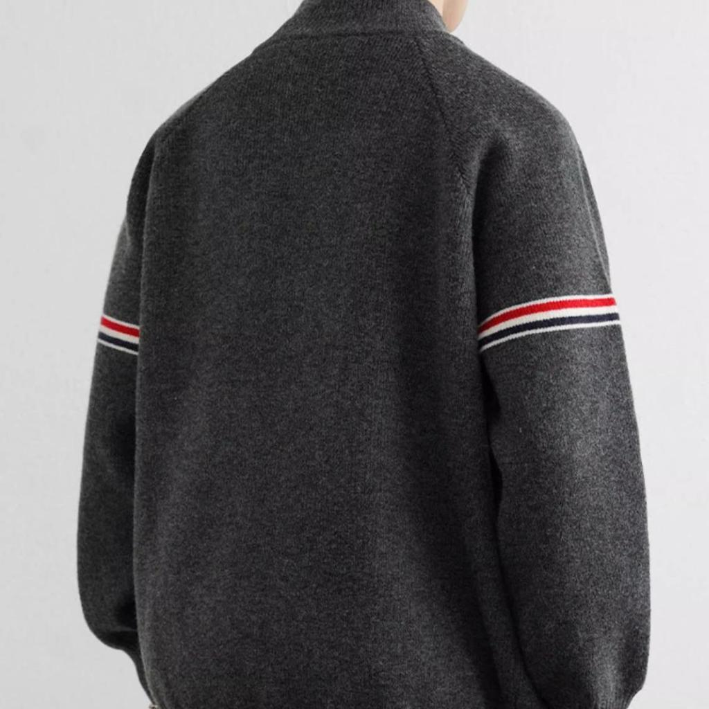 Unisex American Retro Color Block Cardigan Sweater with Stand Collar and Double Zipper for Autumn/Winter.