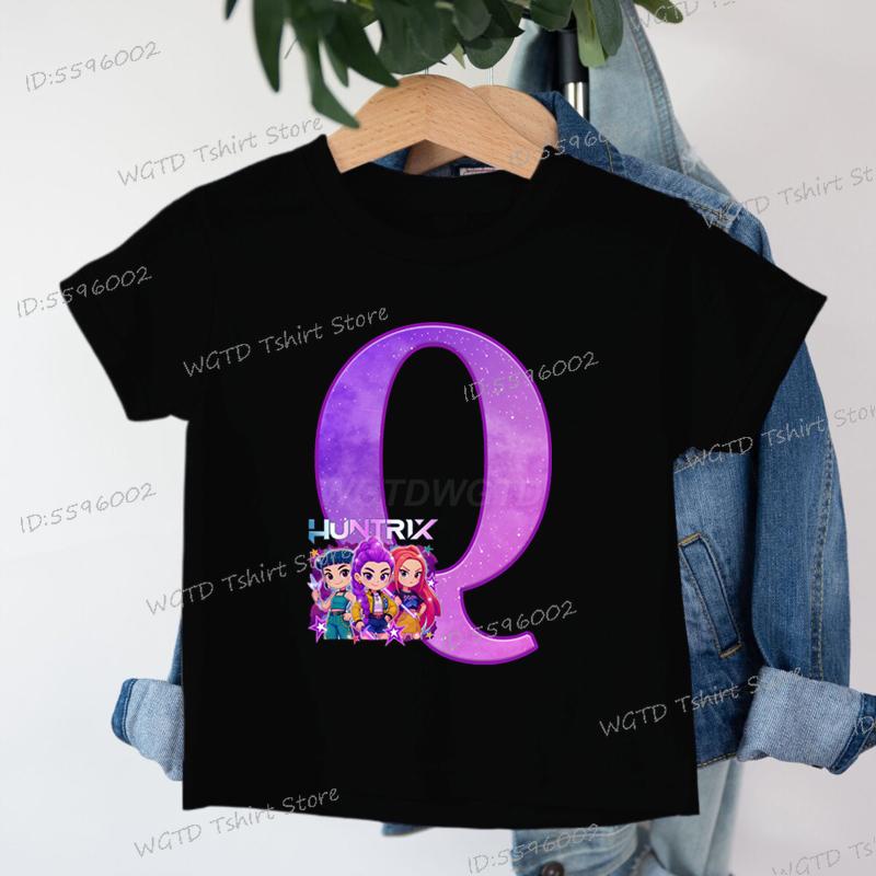 Clothes Child Girl KPop Demon Hunters Letters T-shirt for Children Cartoon Girls Boys Cotton Tee A-Z 26 Alphabet Kids Clothes