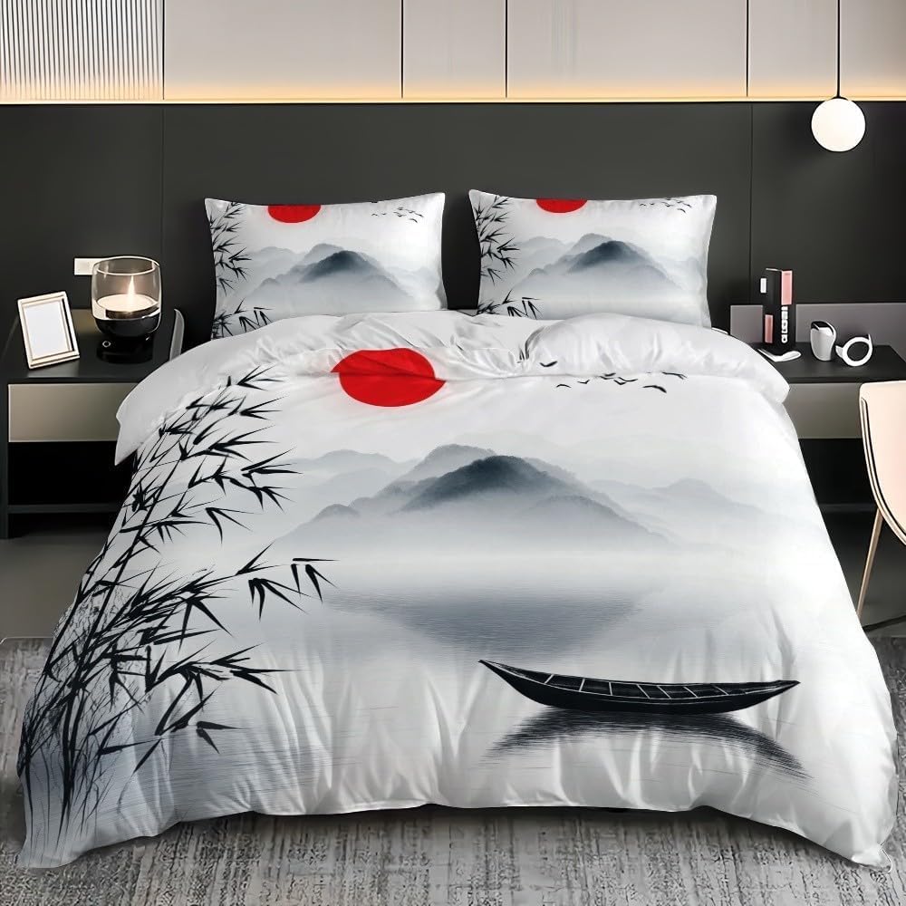 Bamboo Leaves Bedding Duvet Cover Set Kids Girls Teens Boys Bedding Japanese Style Soft Microfiber Duvet Cover With Pillowcases