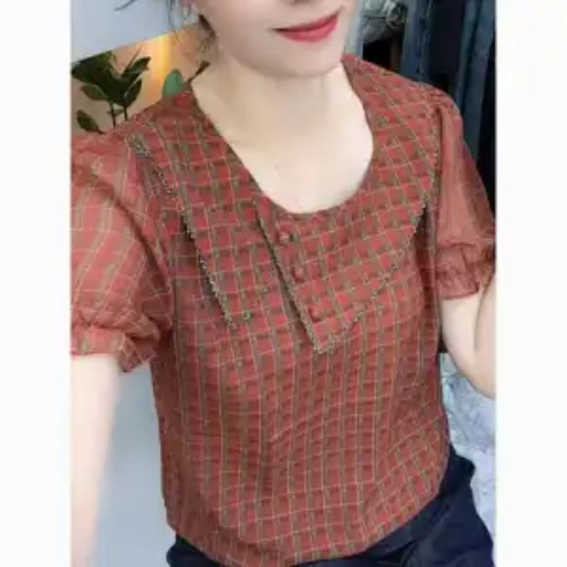 

Женская блузка в ржаво-клетчатом цвете с пышными рукавами, круглым вырезом, декоративной пуговицей, повседневный шифоновый топ L темно-красного