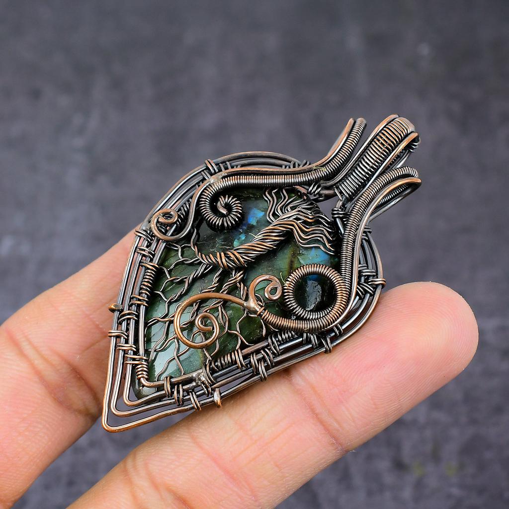 Labradorite Gemstone Handmade Copper Wire Wrap Tree Of Life Pendant 2.76" S9Q61