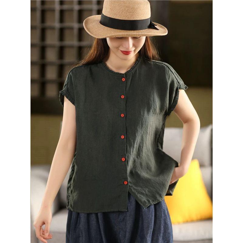 Women Dark Green Linen Blend Blouse With Ruffled Neckline And Red Button Front Casual Summer Top