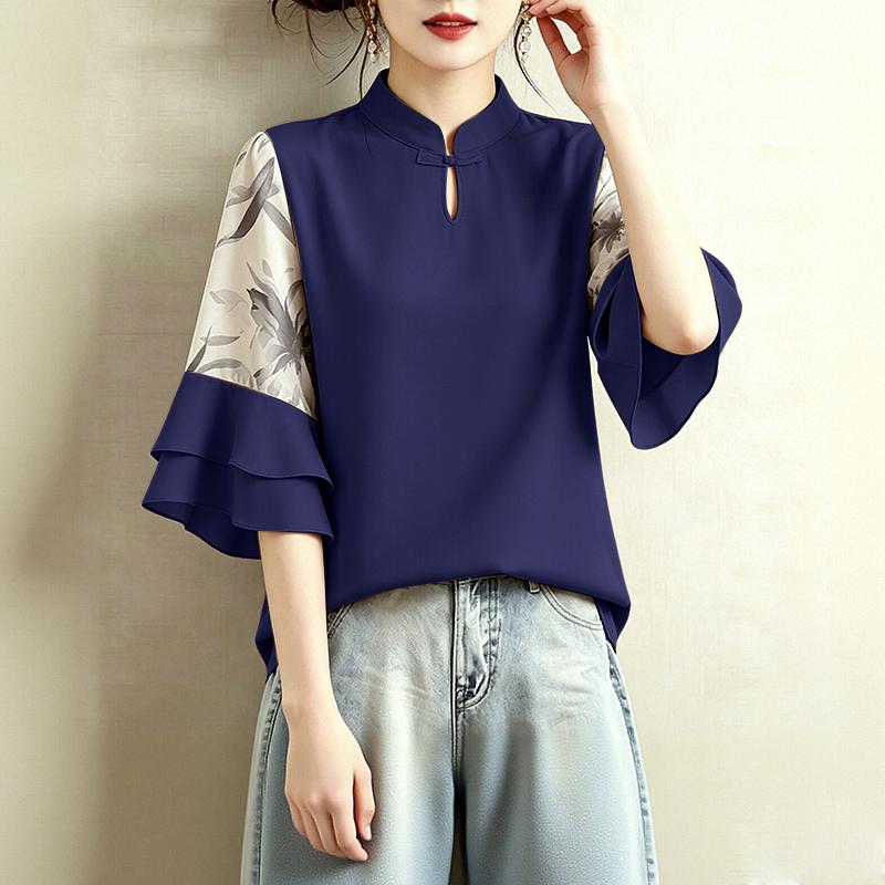 ZANZEA Women Casual Stand Collar Loose Splice 3/4 Sleeve Blouse