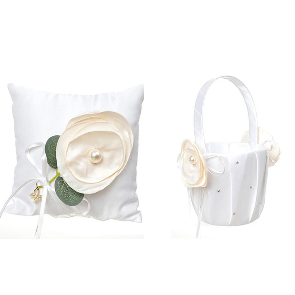Ringe-Kissen Hochzeit Blumenmädchen Korb Perlen Kunstblumen Weiße Satin Kollektion Kleine Blumenkörbe mit Henkel