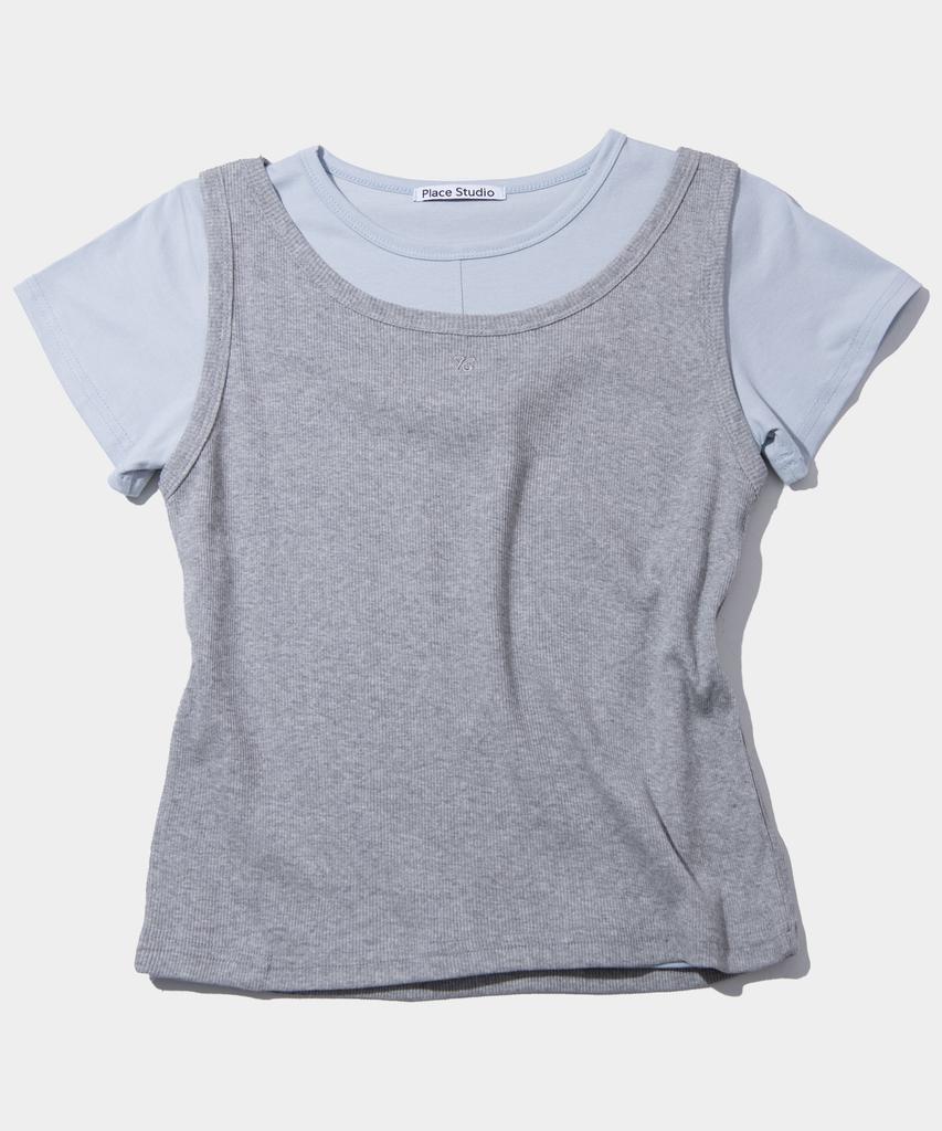 PLACE STUDIO Pintuck Cut-Out Logo Embroidery Sleeveless Set Short Sleeve T-Shirt_ 3 Colors