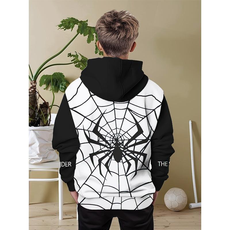 Boy's Black and White Dual Color Black Animal 3D Printed Long Sleeved Hooded Sweatshirt, Sports Shirt