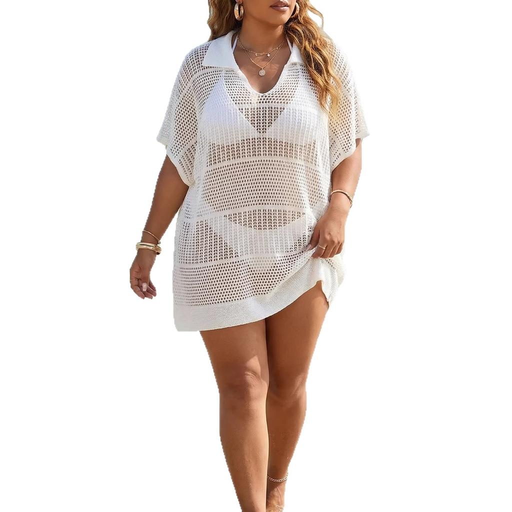 Plus-size Women's Beach Cover-up Polo-neck Top Loose Woven Shirt Sexy See-through Bikini Outerwear