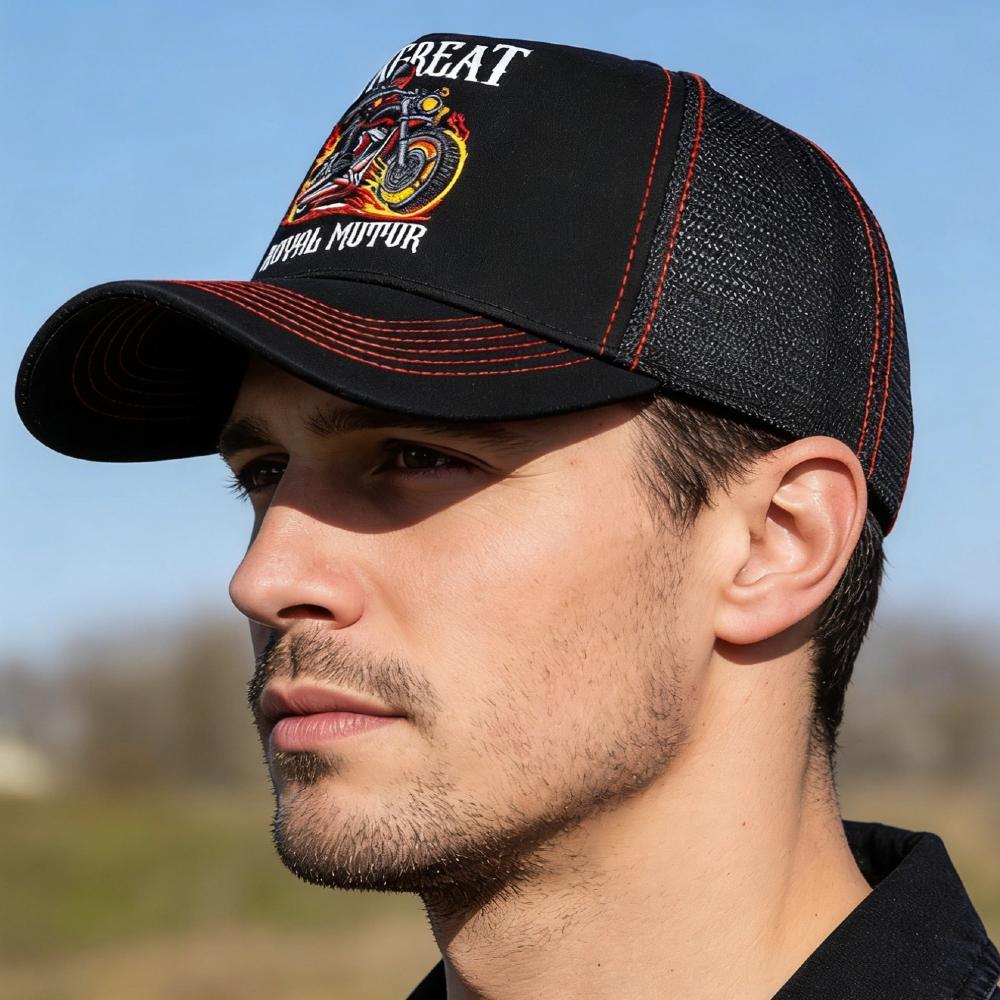 New Motorcycle Embroidered Trucker Hat Flame Biker Patch Baseball Cap For Man Woman Breathable Streetwear Summer Mesh Caps