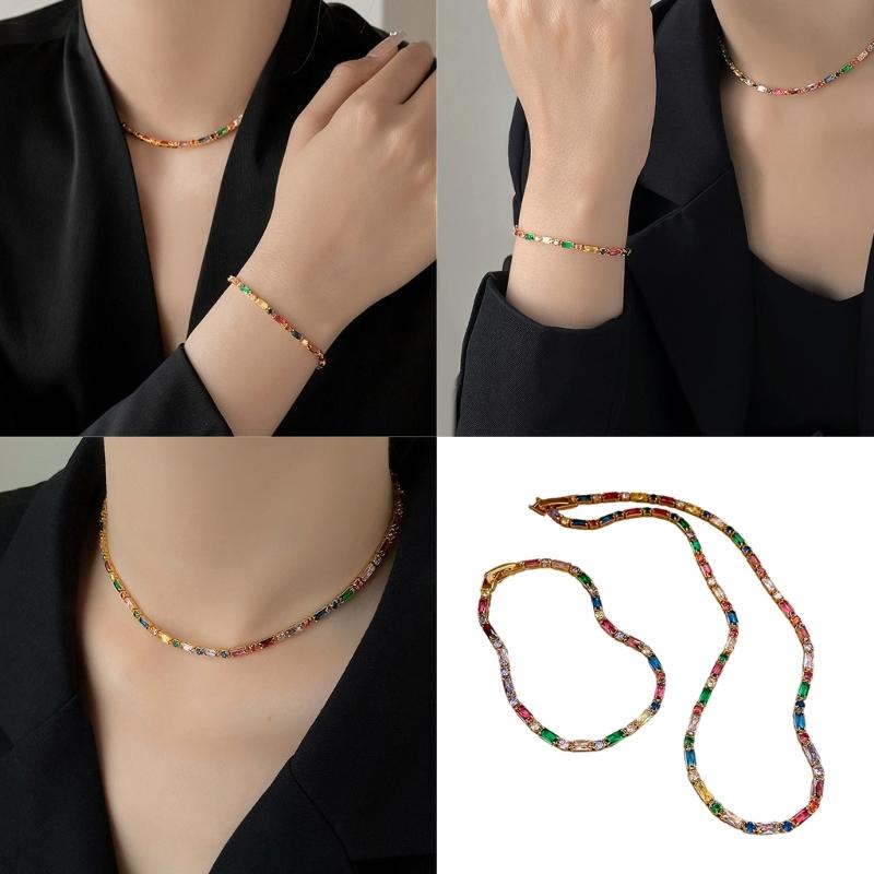 Vintage Stil Quadratische und Runde Bunte Edelsteine Halskette und Armband Modeaccessoire Schmuckset für Trendbewusste Frauen