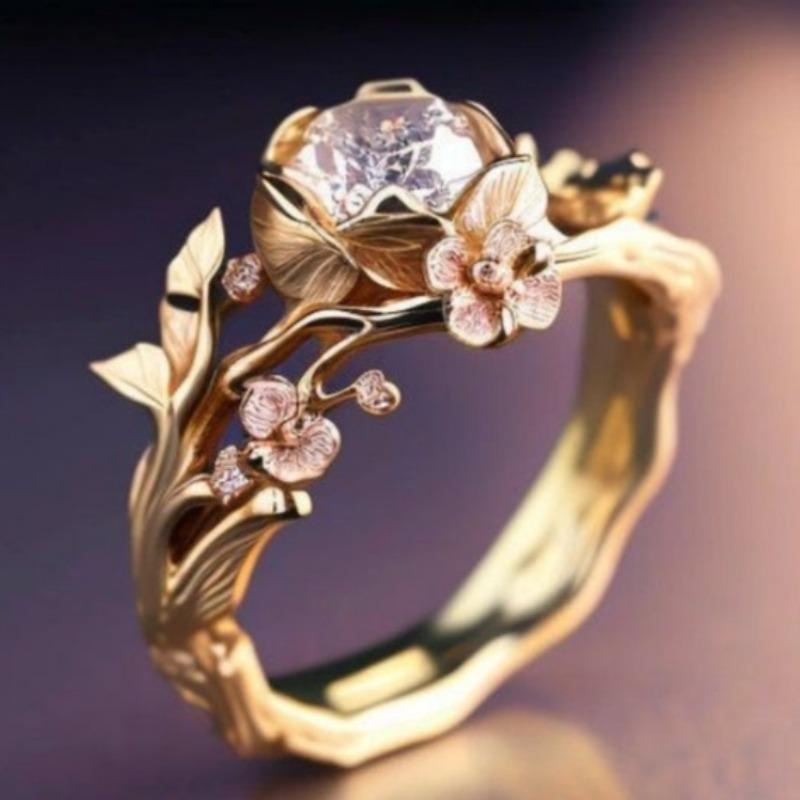 Classic Inlaid Pink CZ Flower Women's Ring Trendy Gold Color Hand Carving Daily Wear Party Jewelry Anniversary Gift