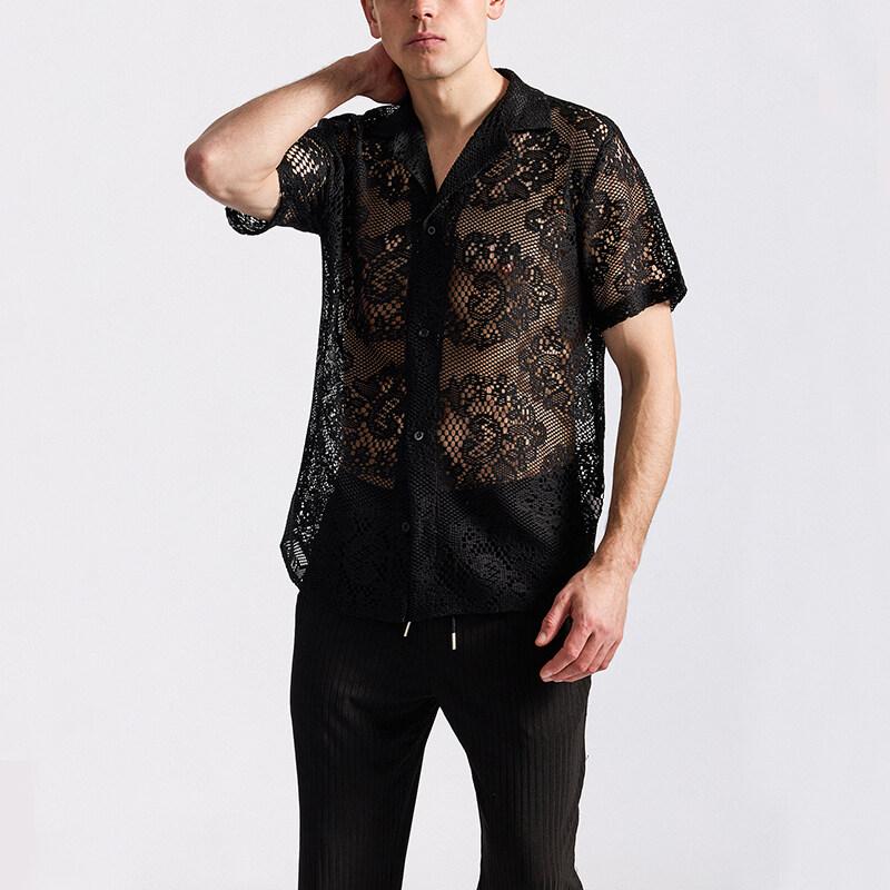 Summer Men's Mesh Lace Knit Short Sleeve Shirt Streetwear Hollow-Out Dance Perspective Shirts Nightclub Disco Performance Tops