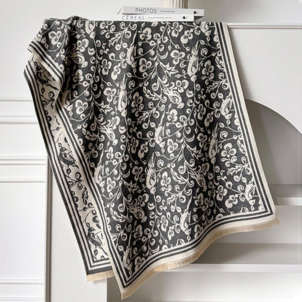 Autumn And Winter Flower Imitation Cashmere Scarf Thickened Printed Shawl Versatile Cold And Warm Long Dual-Purpose Scarf
