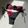 2024 American Style Color Contrast Rose Bandeau Tie Sexy Drawstring Tie Fashion Split Swimsuit Bikini Set Beach Party Clothes