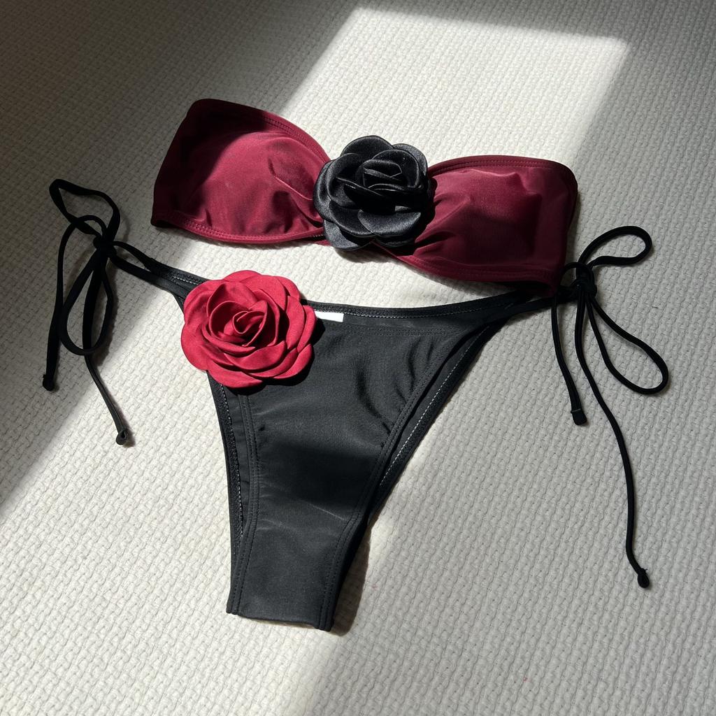 2024 American Style Color Contrast Rose Bandeau Tie Sexy Drawstring Tie Fashion Split Swimsuit Bikini Set Beach Party Clothes