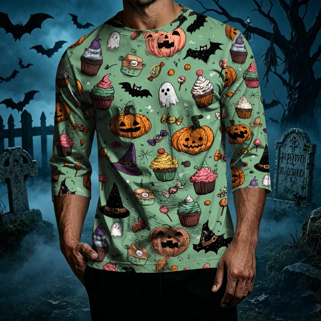 Men Casual Halloween Print Crew Neck T Shirt Three Quarter Sleeve Relaxed Fit Top Suitable for Everyday Wear and Seasonal Events