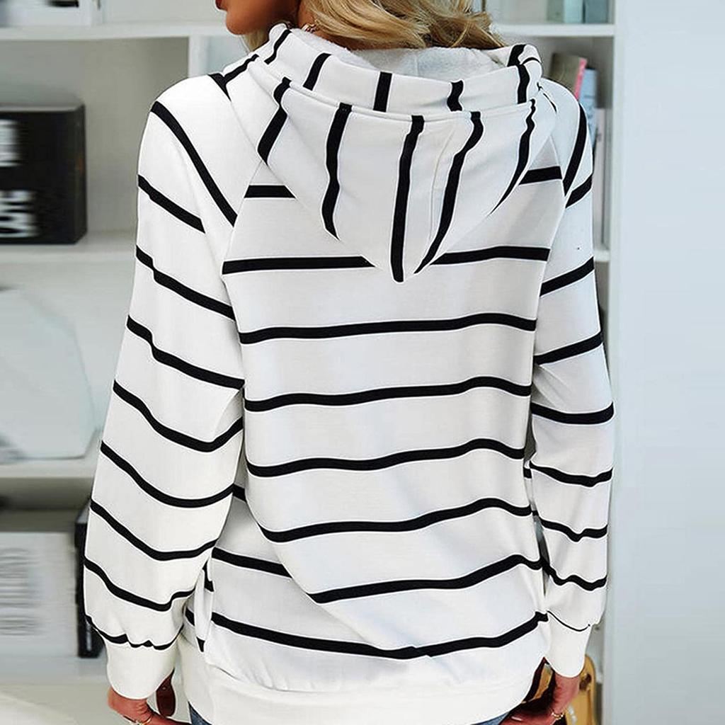 Fashion Women's Pocket Stripe Printed Swap Long Sleeve Hooded Sweatshirt Top