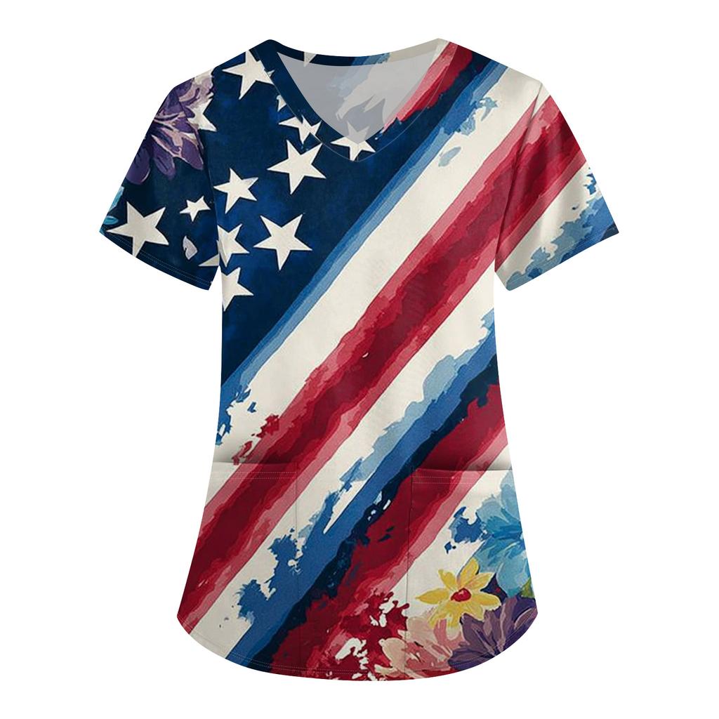 Plus SizePrinted Scrub Working Uniform Tops For Women's Cross V-Neck Print Short Sleeve Fun T-Shirts Tee With Pockets