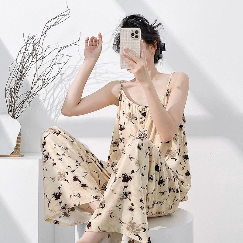 Summer thin cotton and silk suspender skirt women's loose printed loungewear dress can be worn outside lazy style pajama set