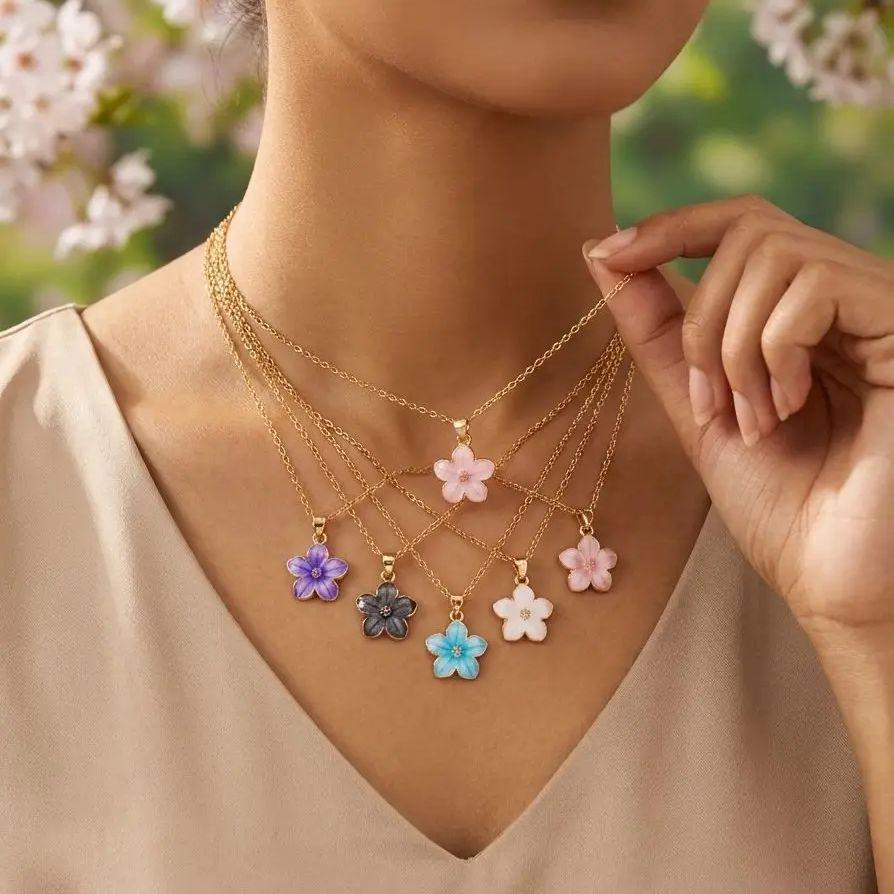 Dainty Sakura Cherry Blossom Choker Necklace for Women Enamel Flower Pendant Clavicle Chain Spring Party Jewelry Wish Card Gift