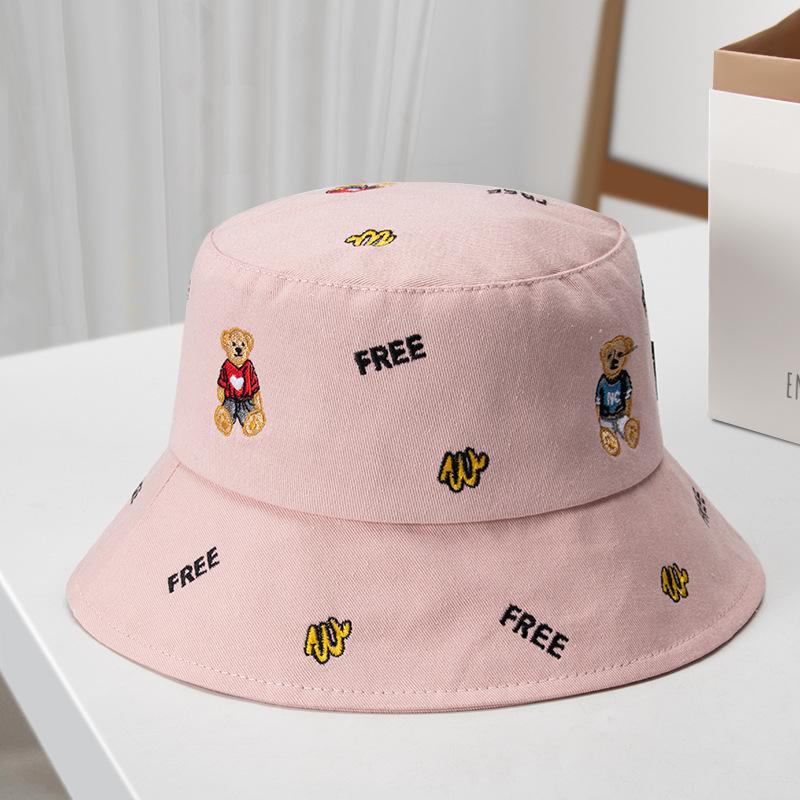 Hat female embroidery cartoon bear bucket hat versatile sunscreen sun hat student face cover spring and autumn basin hat tide
