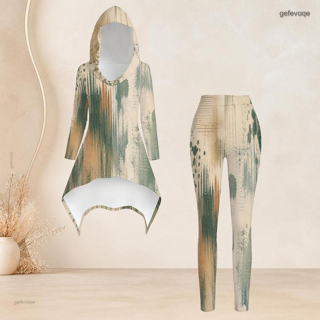 Women Plus Size Geometric Printed Two Piece Set Hooded Long Sleeve High Low Top Fitted Pants