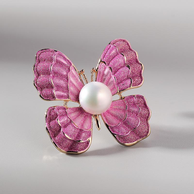 Enamel Butterfly Brooch with Freshwater Pearl Corsage Pin