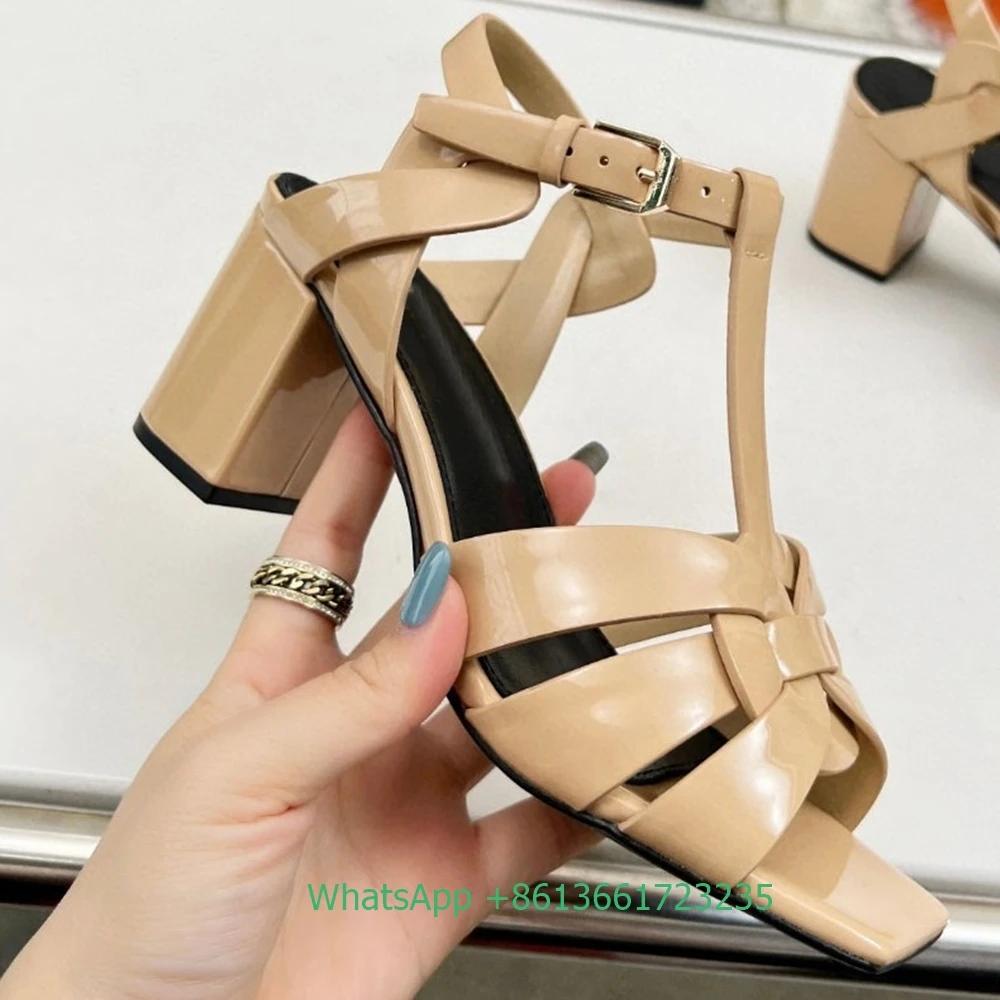 Fashion Cross Strap Square Toe Chunky Heel Women Sandals Solid Color Open Toe Real Patent Leather 6.5Cm Heels 2025 Newest Summer Sandals