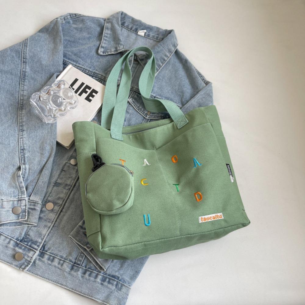 

Печать Холщовая Сумка на Плечо Корейский Стиль Женская Сумка Ручная Сумка Портативная Сумка-Тоут с Вышивкой Буквами Мужчины зелёный