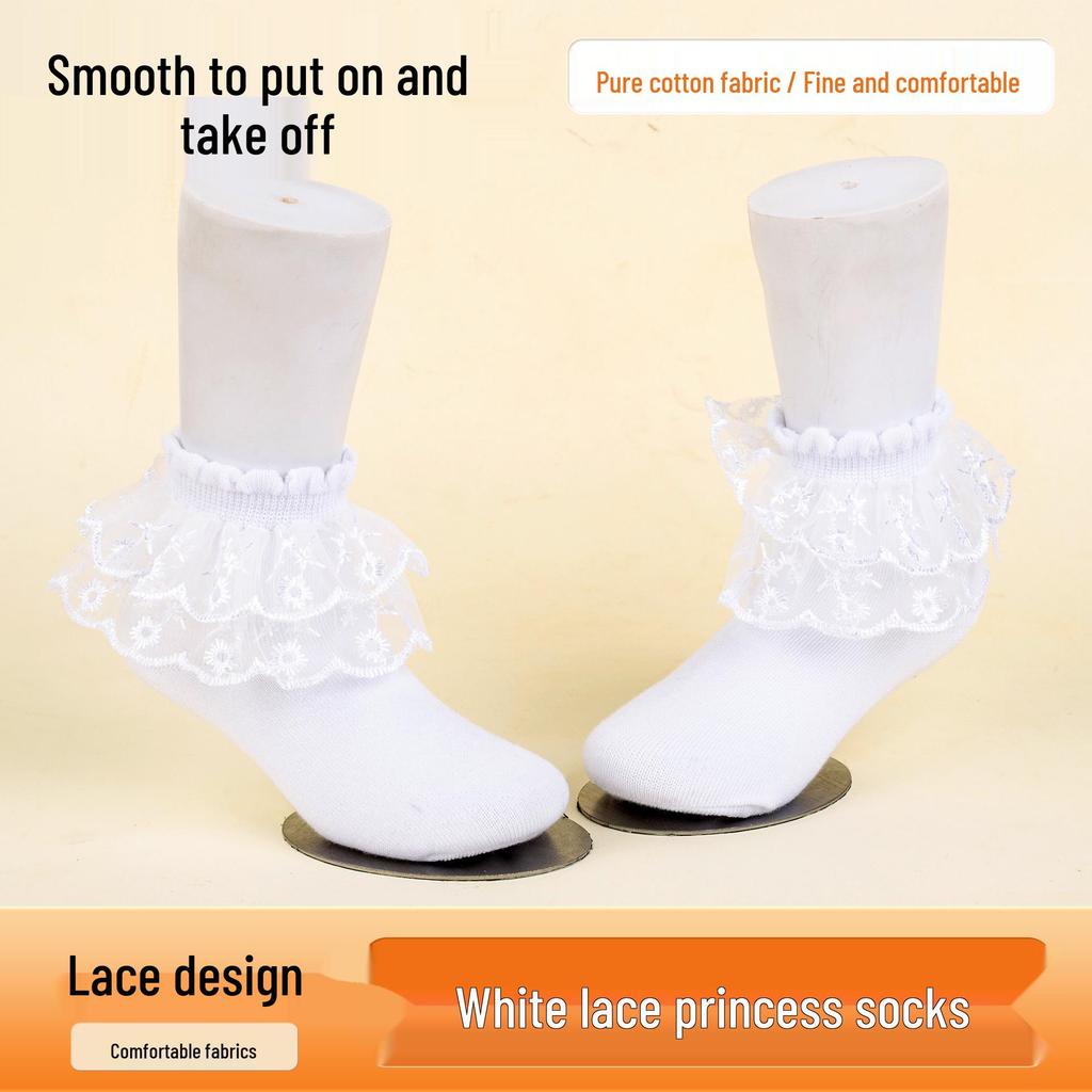 Stylish 3D Lace Trim White Princess Socks - Breathable, Comfortable Children's Design